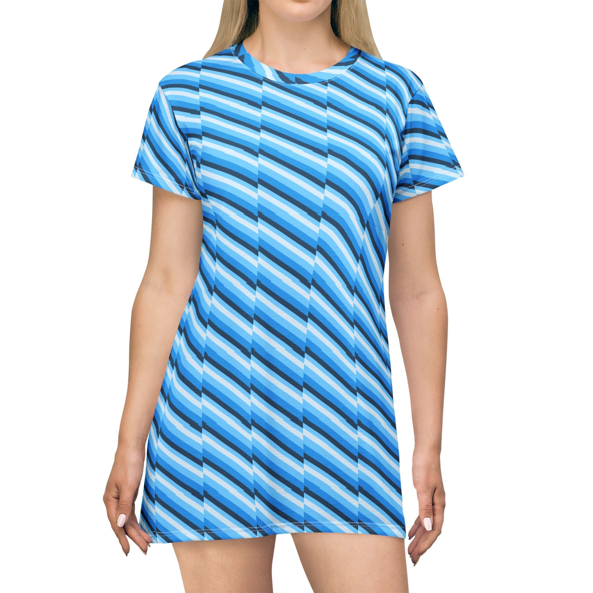 Blue Striped T-Shirt Dress - Casual Summer Outfit, Stylish Beachwear, Trendy Everyday Dress, Lightweight Lounge Wear, Perfect for Vacation