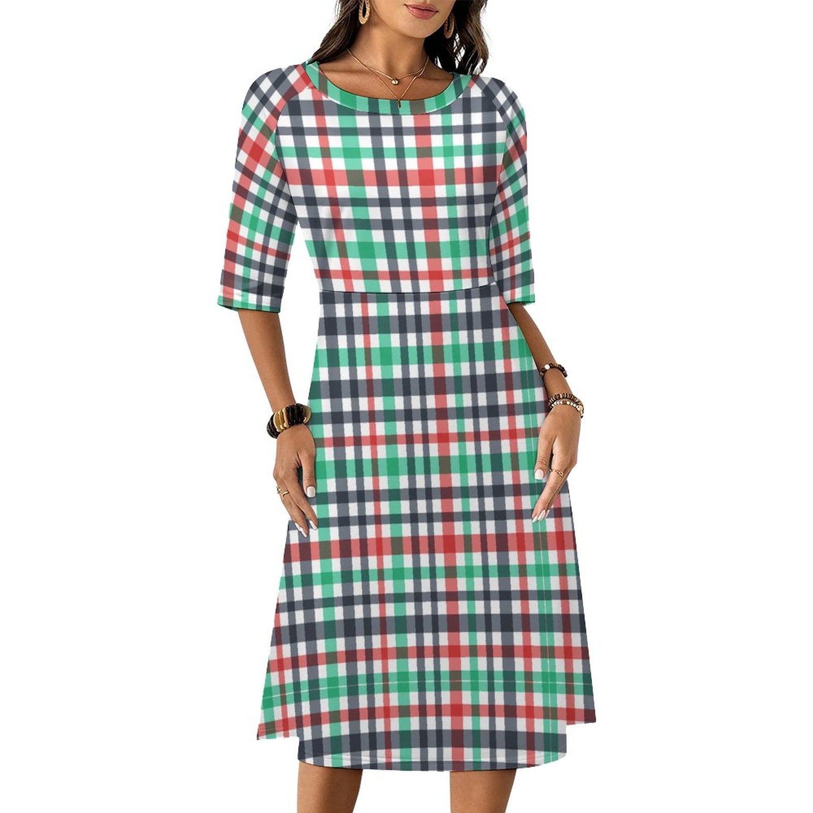 Round Neck 3/4 Sleeve Long Dress(All-Over Printing)