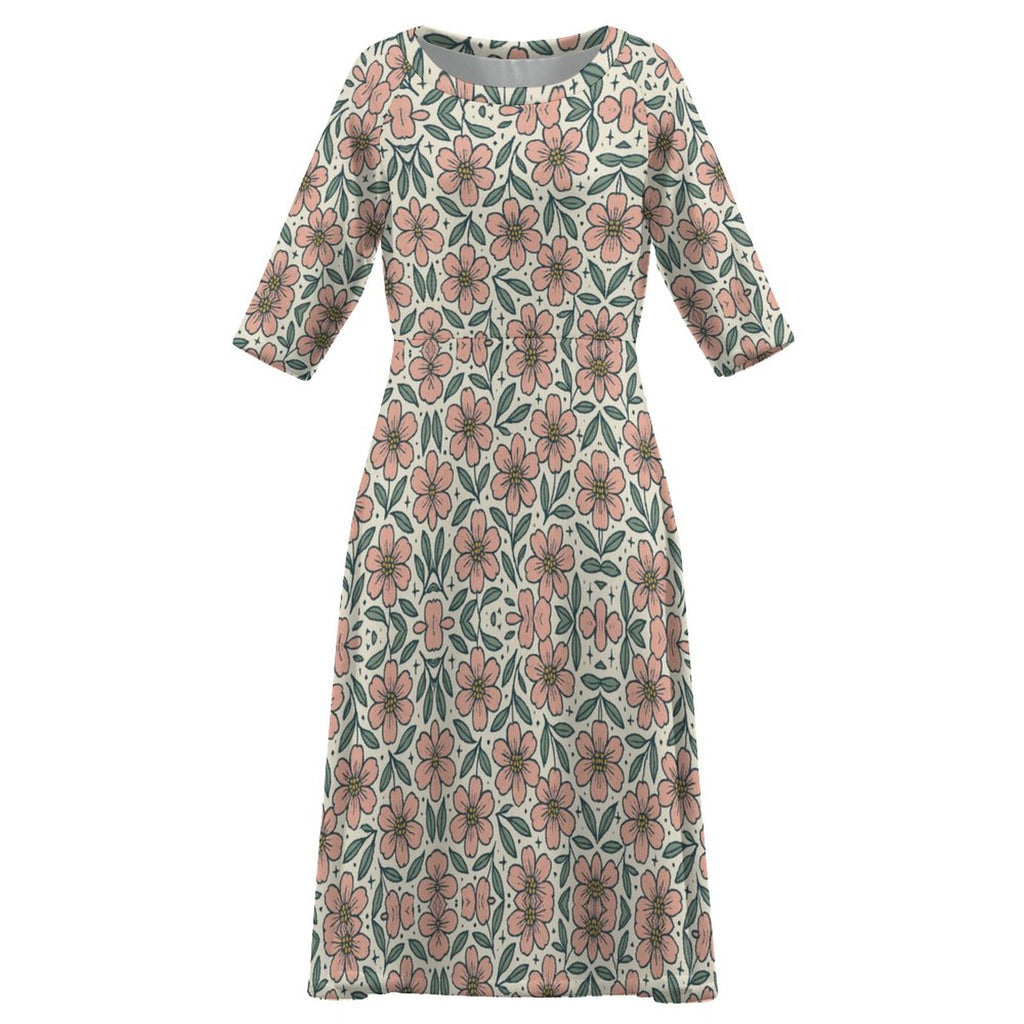 Round Neck 3/4 Sleeve Long Dress(All-Over Printing)