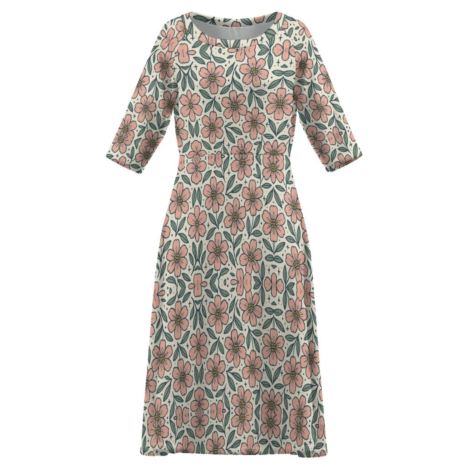 Round Neck 3/4 Sleeve Long Dress(All-Over Printing)