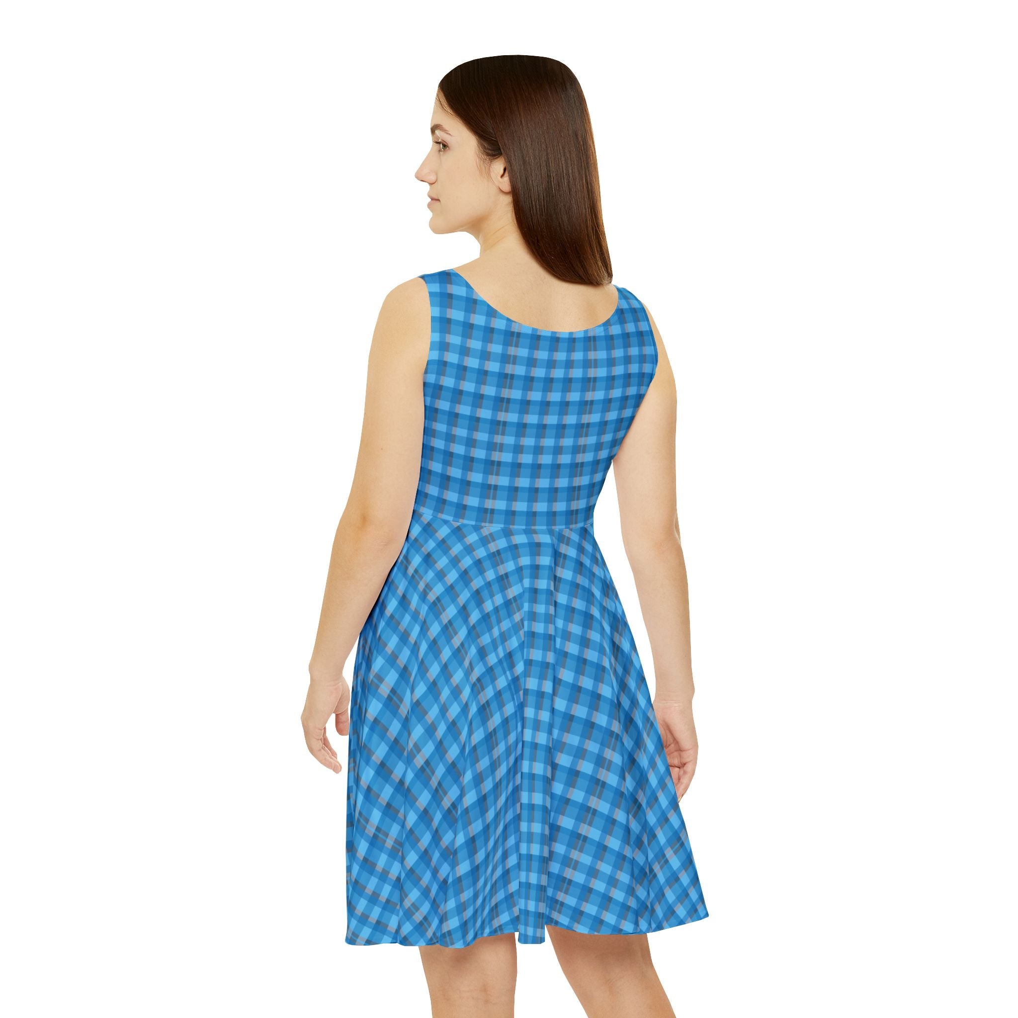 Blue Gingham Women's Skater Dress, Casual Summer Dress, Fashionable Day Dress, Perfect for Parties, Beach or Picnics