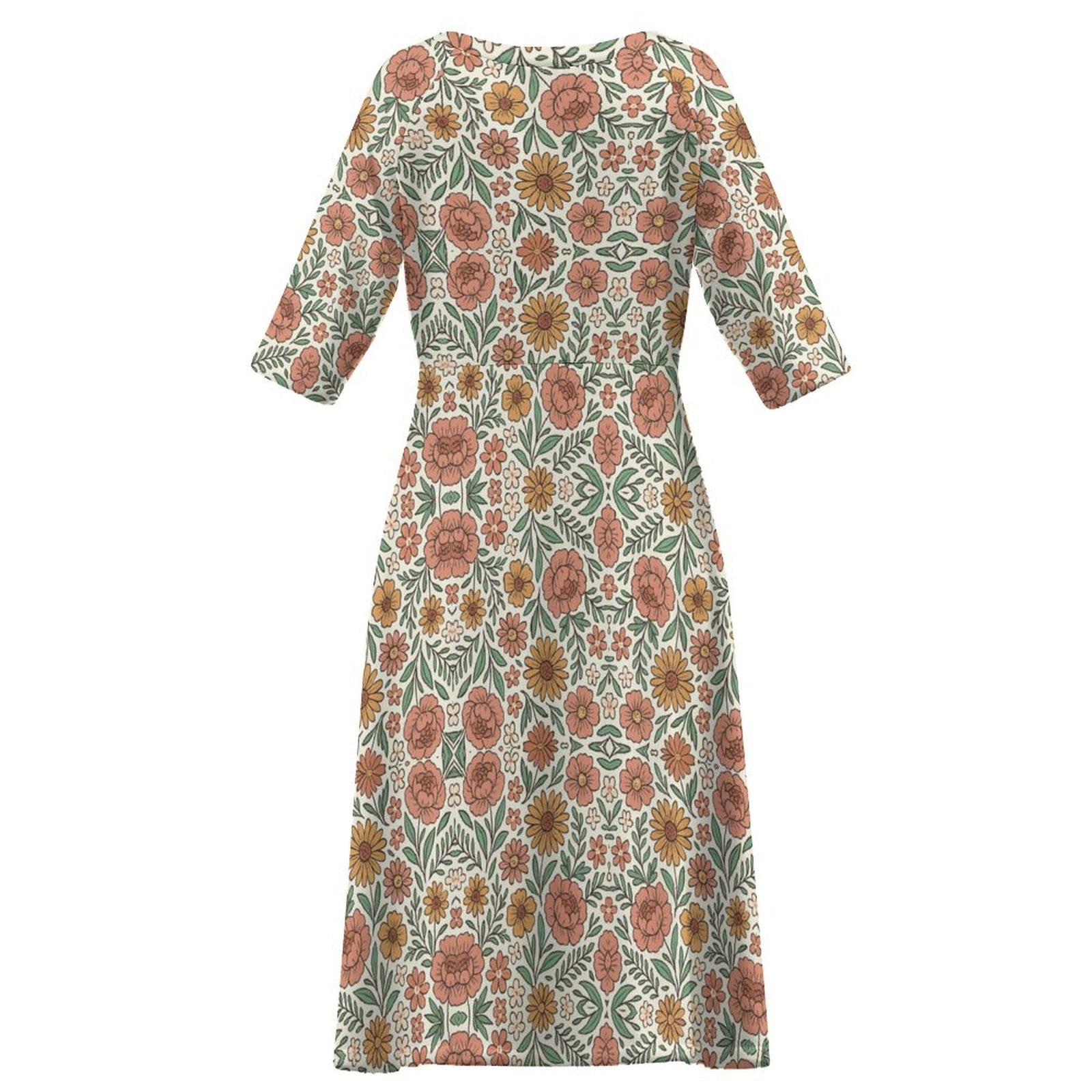 Round Neck 3/4 Sleeve Long Dress(All-Over Printing)