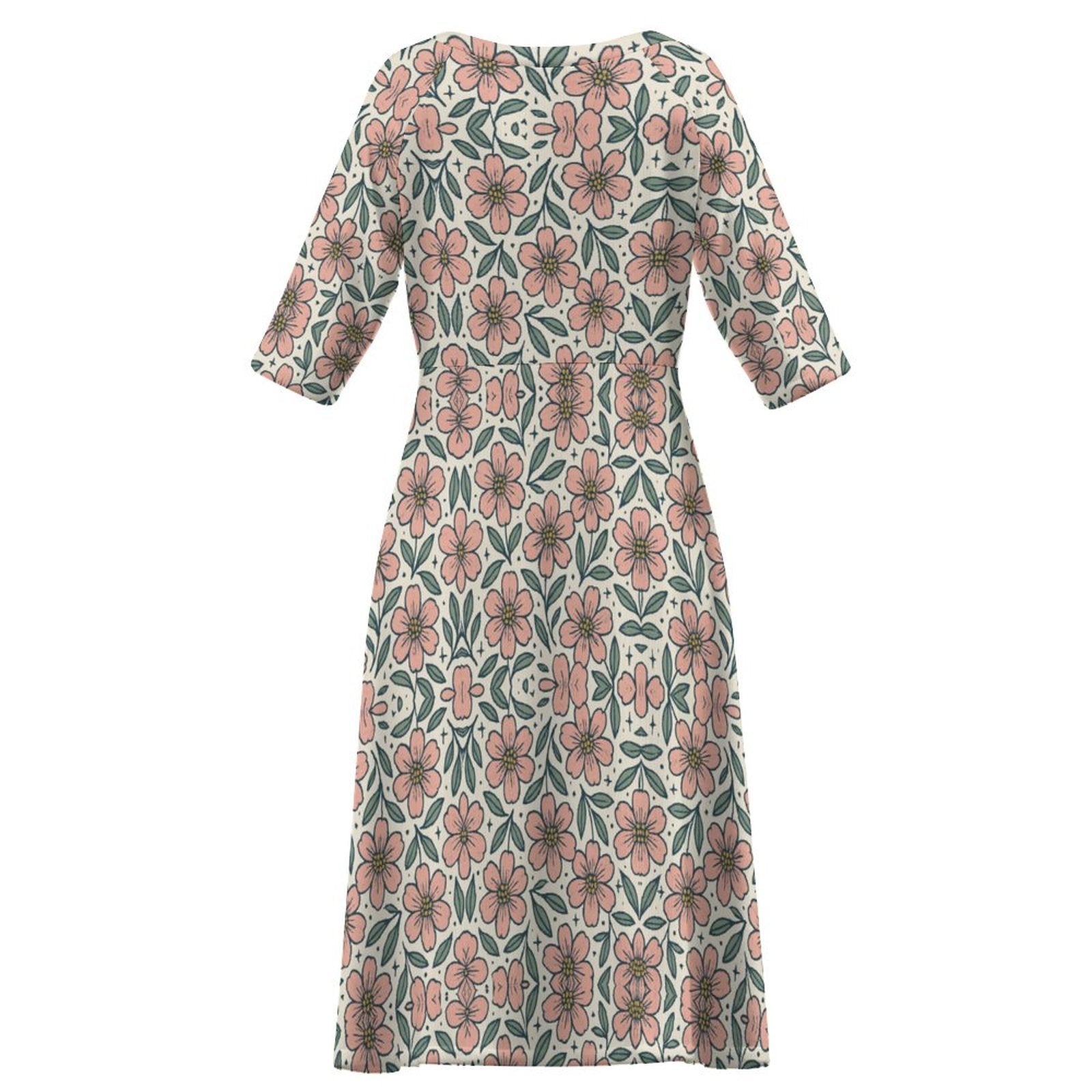 Round Neck 3/4 Sleeve Long Dress(All-Over Printing)