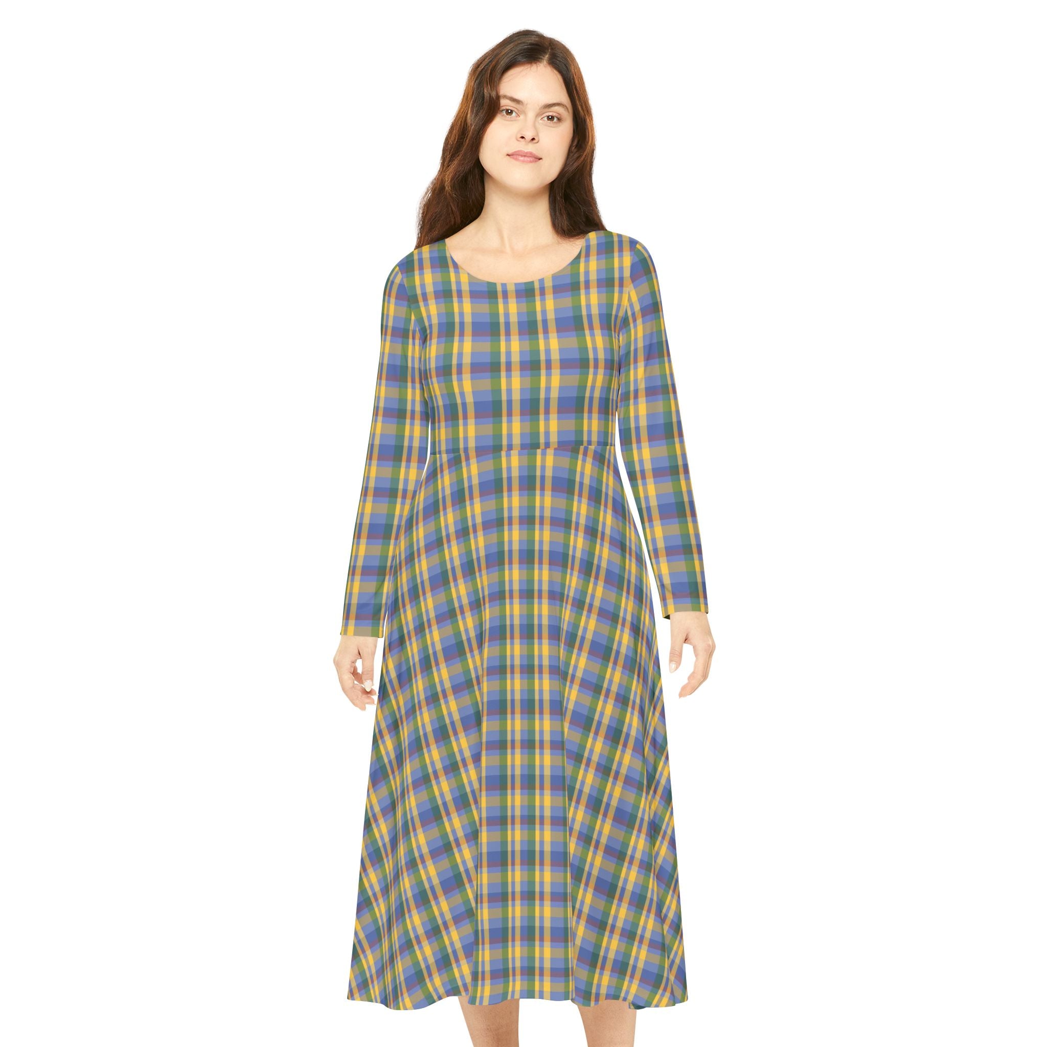 Plaid Long Sleeve Dance Dress, Full Skirt Dress for Dancers, Stylish Dancewear, Perfect for Parties and Events, Trendy Everyday Dress