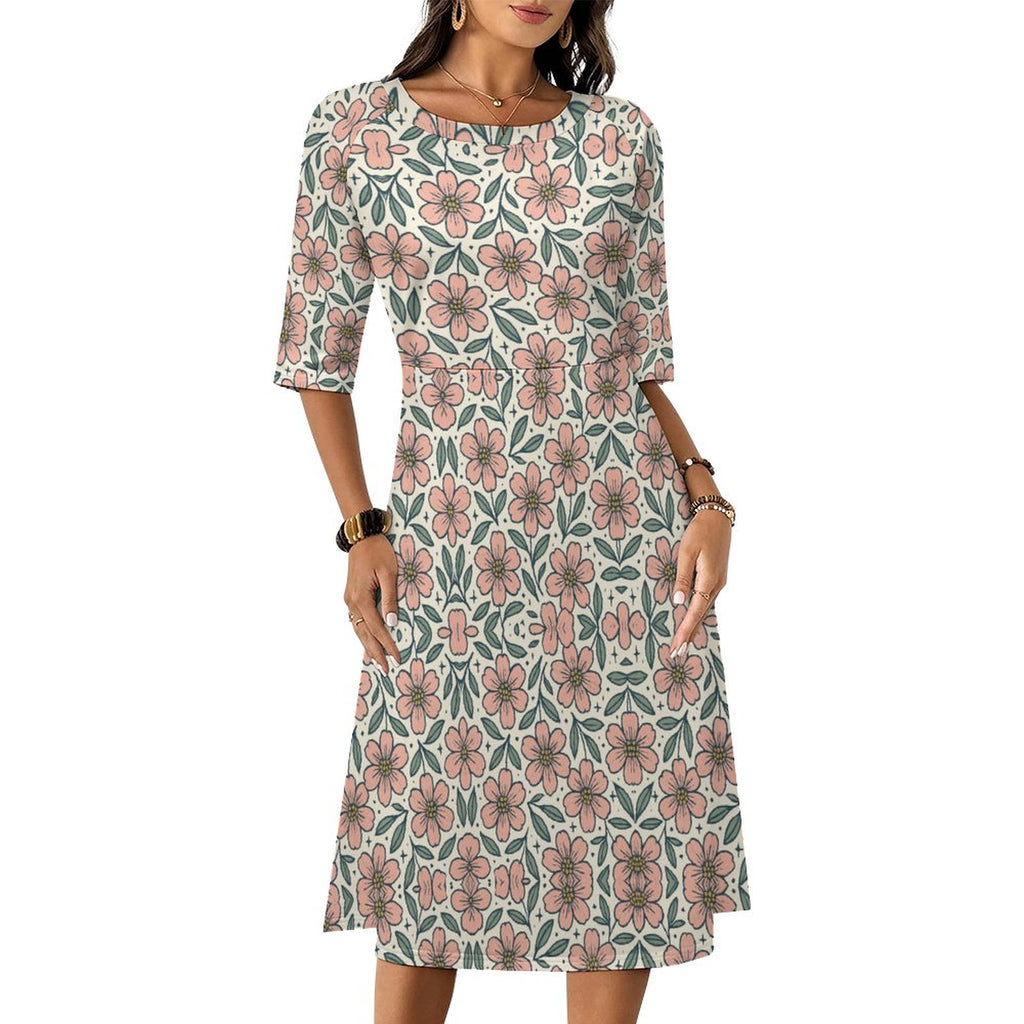 Round Neck 3/4 Sleeve Long Dress(All-Over Printing)