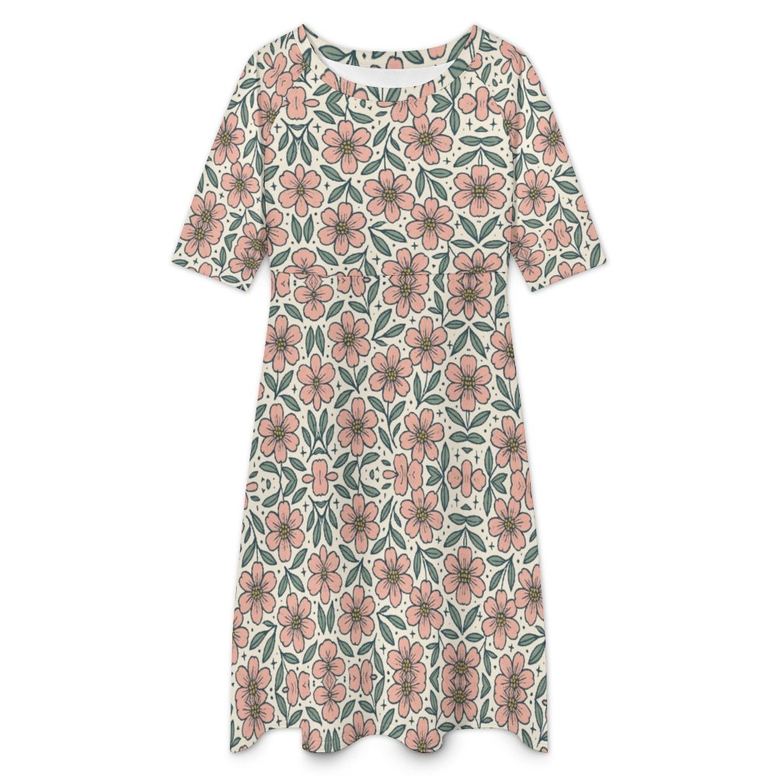 Round Neck 3/4 Sleeve Long Dress(All-Over Printing)