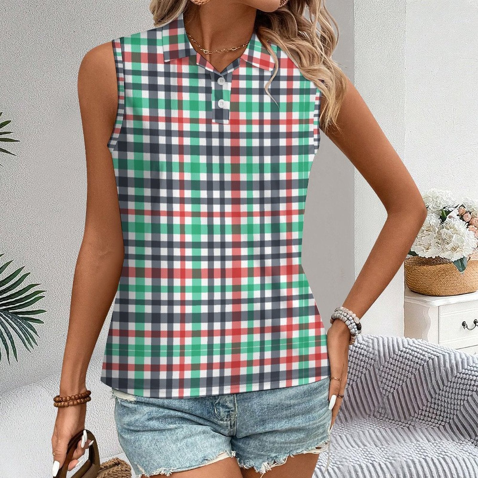 140gsm Women's Sleeveless Polo Shirt(All-Over Printing)