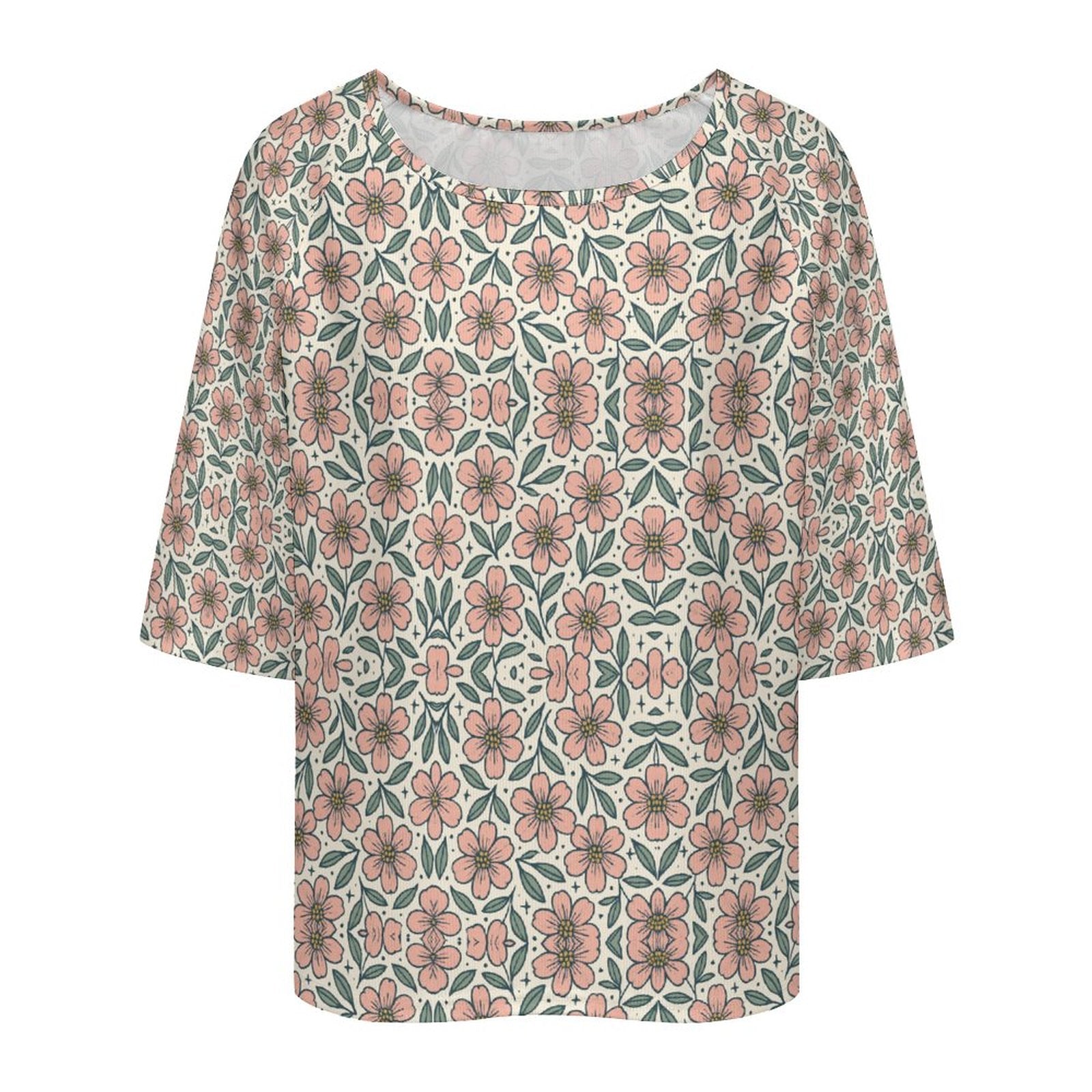 Loose-Fit 3/4 Sleeve Boat Neck T-Shirt(All-Over Printing)