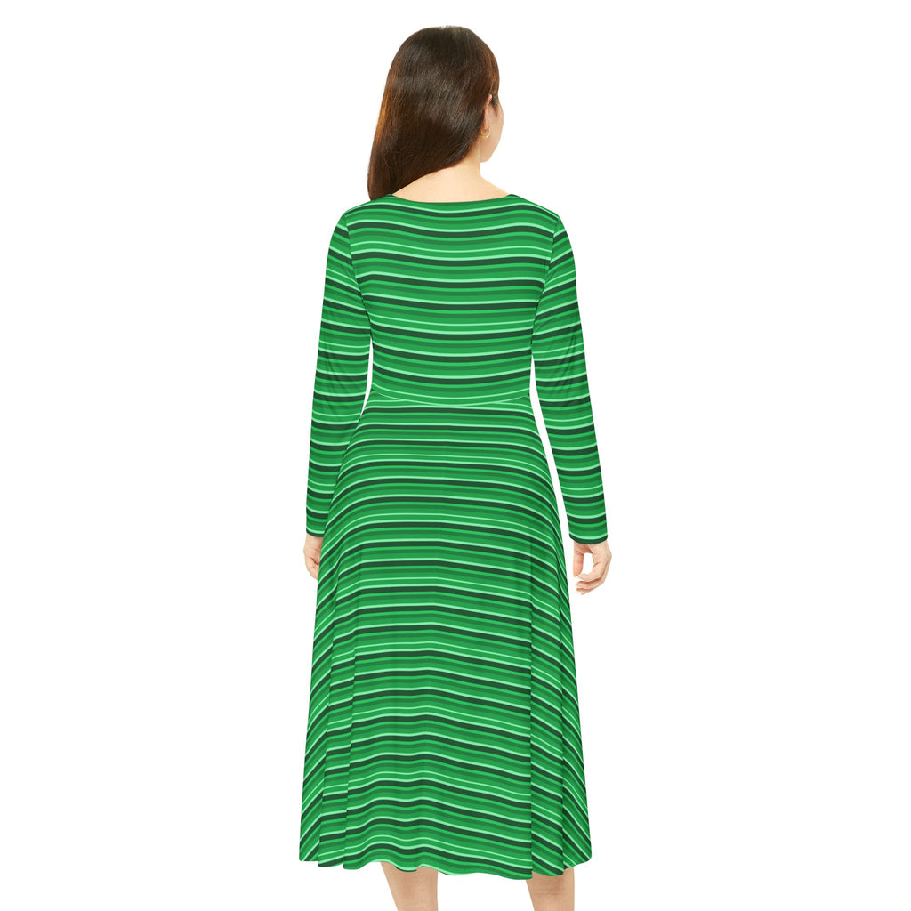Stylish Green Striped Dance Dress, Perfect for Dance Classes, Parties, Festivals, and Everyday Wear, Long Sleeve Dress, Trendy Dancewear