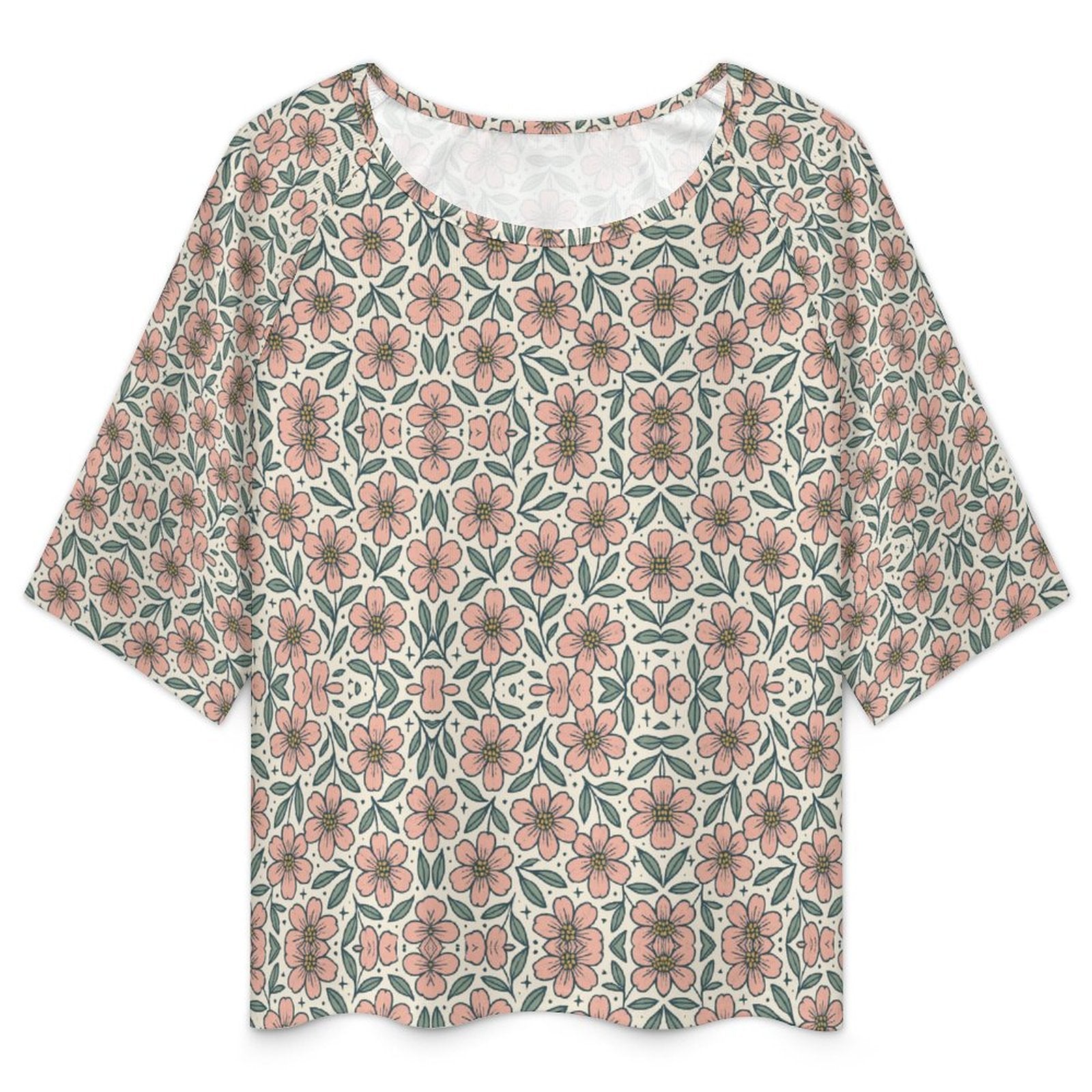 Loose-Fit 3/4 Sleeve Boat Neck T-Shirt(All-Over Printing)