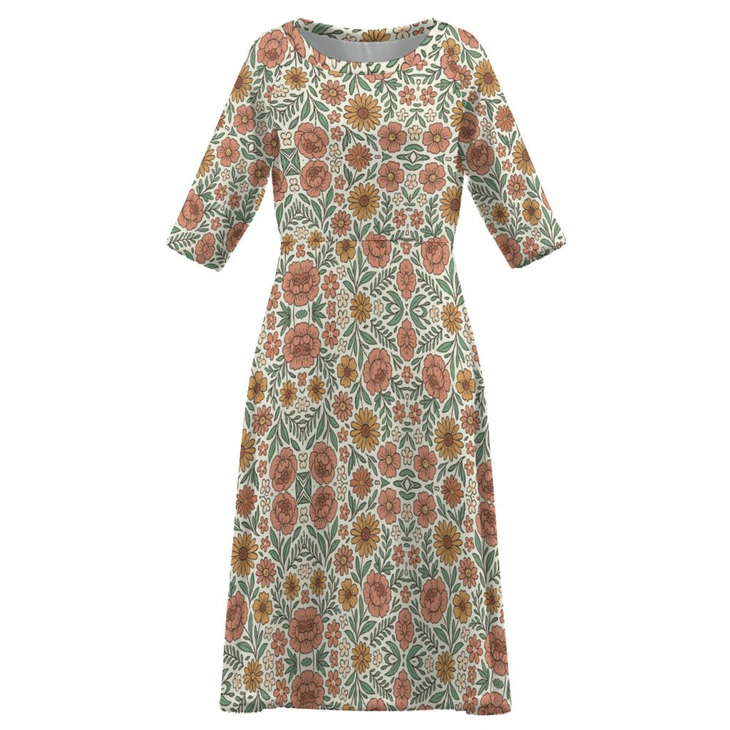 Round Neck 3/4 Sleeve Long Dress(All-Over Printing)