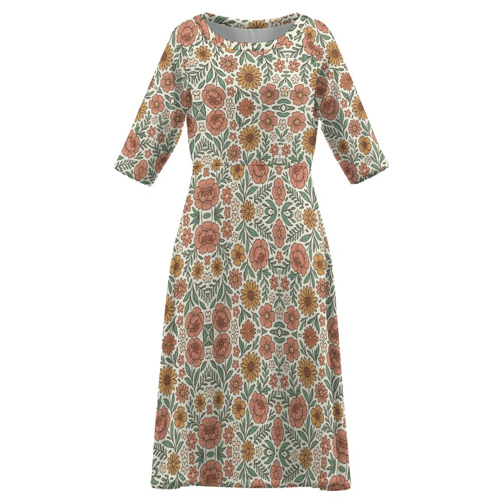 Round Neck 3/4 Sleeve Long Dress(All-Over Printing)
