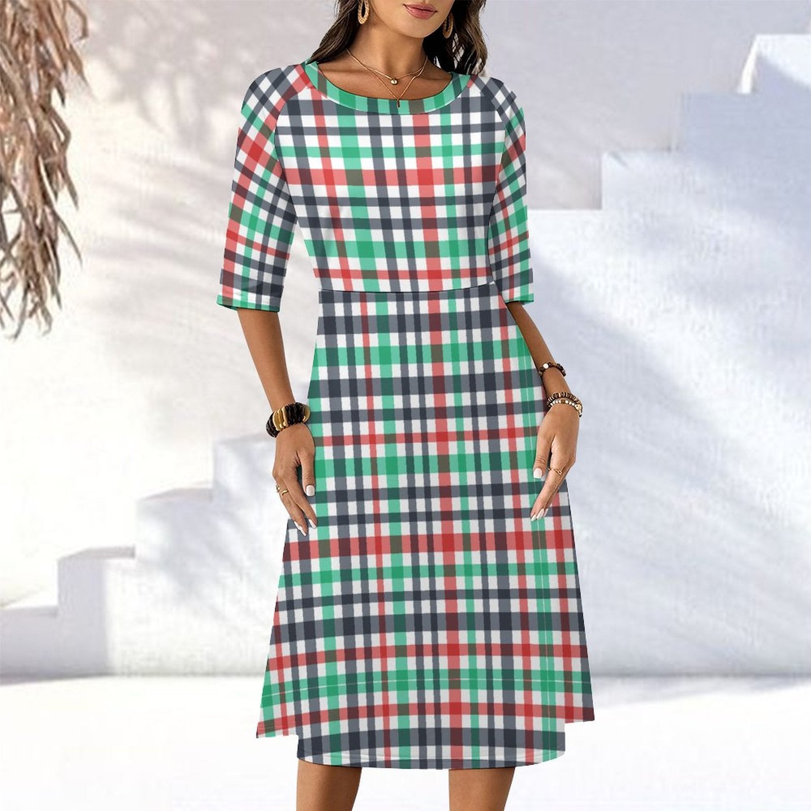 Round Neck 3/4 Sleeve Long Dress(All-Over Printing)