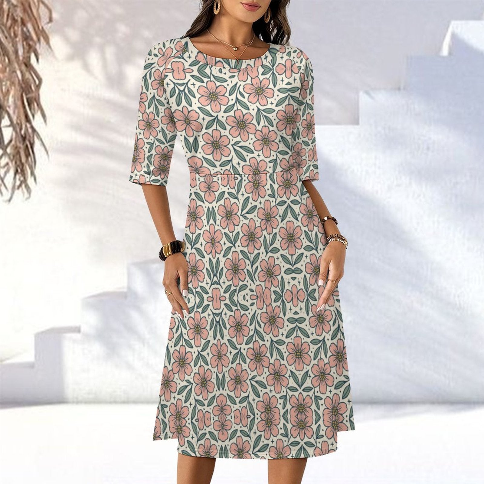 Round Neck 3/4 Sleeve Long Dress(All-Over Printing)