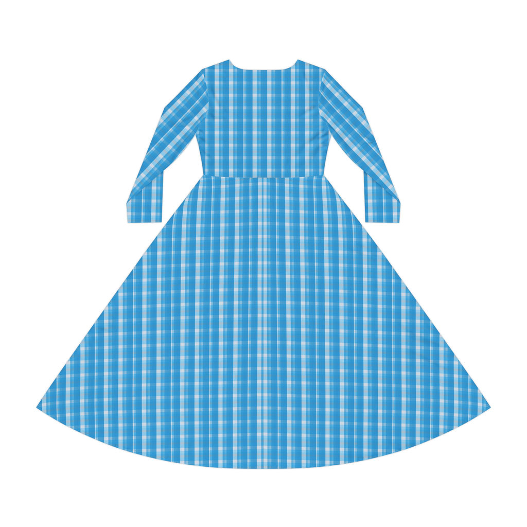 Blue Plaid Long Sleeve Dance Dress, Vintage Style Dress, Bohemian Dress, Casual Wear, Summer Outing, Holiday Celebration, Dance Outfit