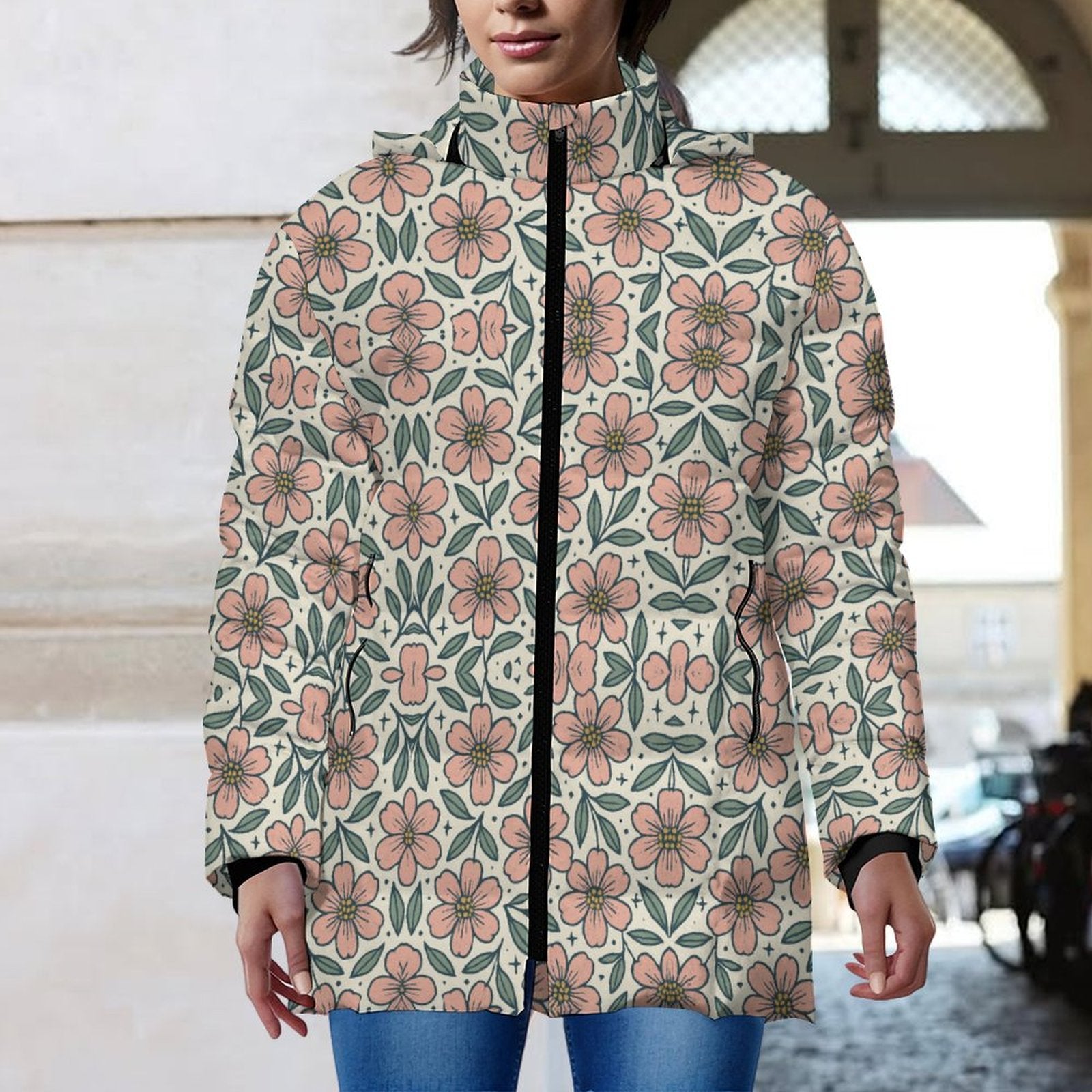 Winter Quilted Long-Sleeve Hooded Outerwear(All-Over Printing)