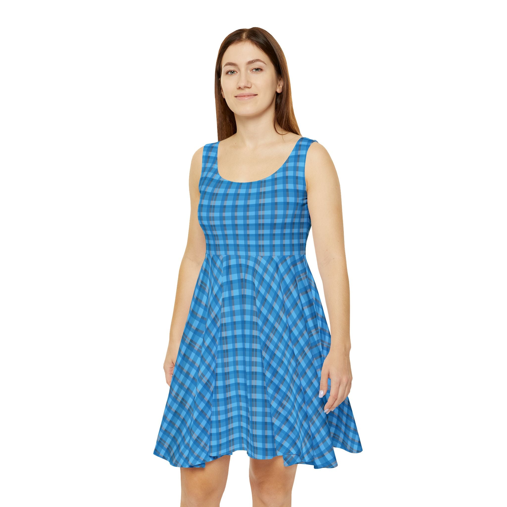 Blue Gingham Women's Skater Dress, Casual Summer Dress, Fashionable Day Dress, Perfect for Parties, Beach or Picnics