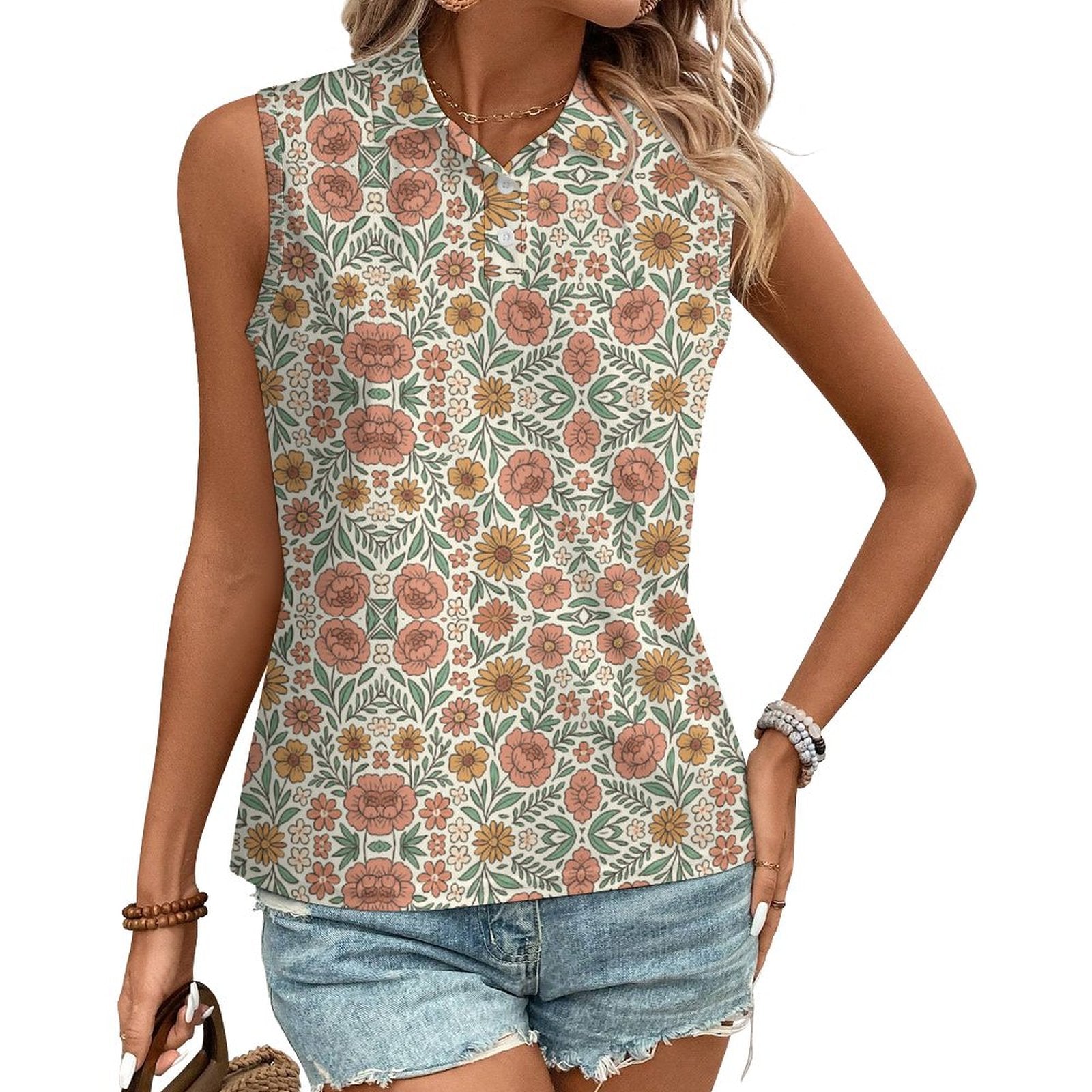 140gsm Women's Sleeveless Polo Shirt(All-Over Printing)