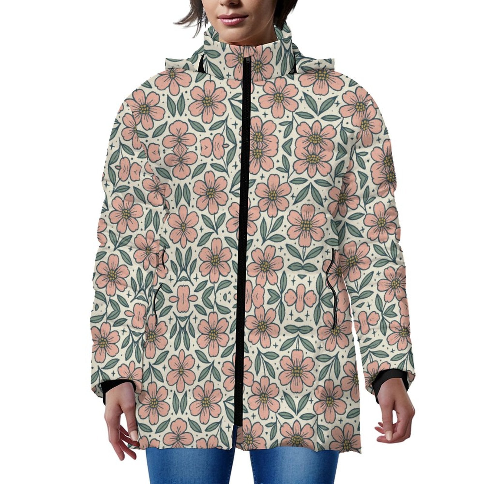 Winter Quilted Long-Sleeve Hooded Outerwear(All-Over Printing)