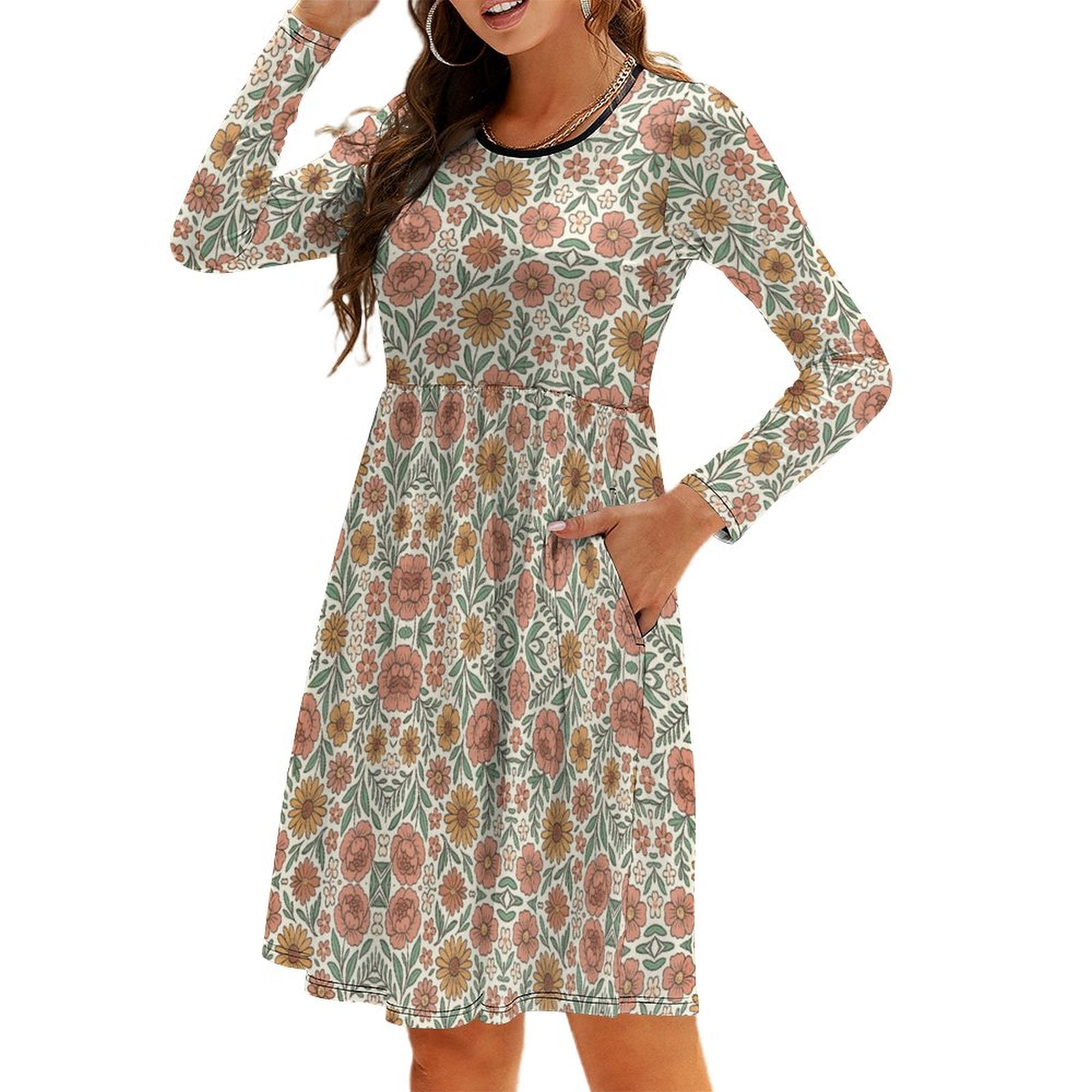 Round Neck Long Sleeve Dress with Pocket NZ036 (All-Over Printing)