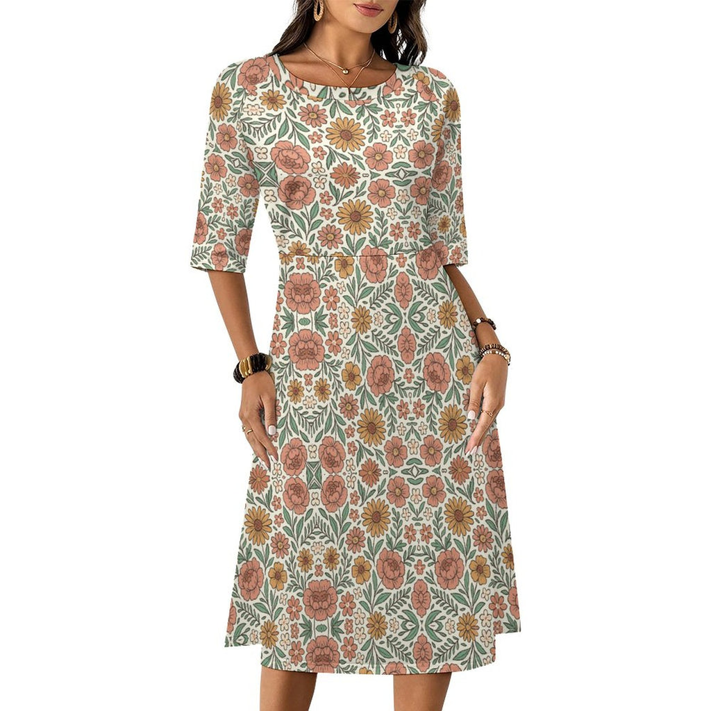 Round Neck 3/4 Sleeve Long Dress(All-Over Printing)
