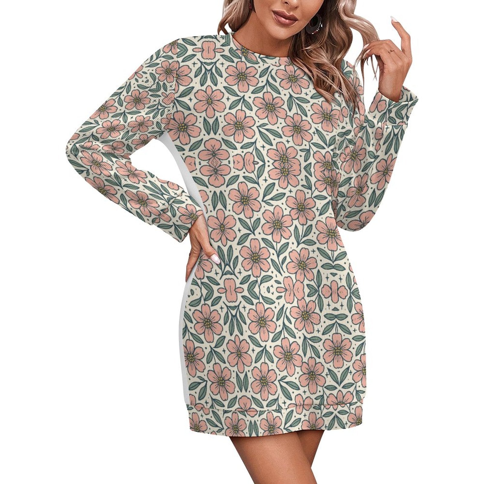 300gsm Women's Long Sleeve Sweater Dress(All-Over Printing)