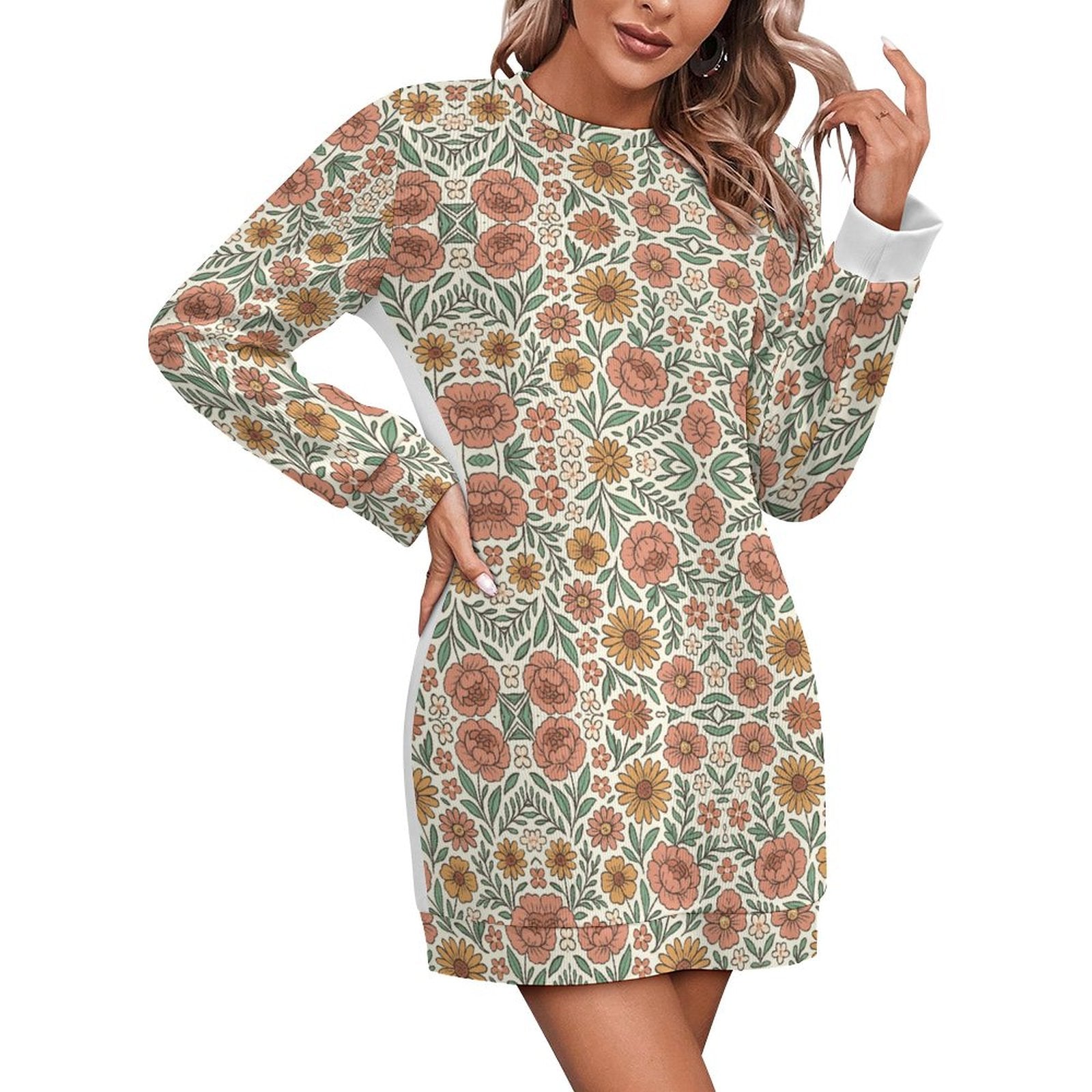 300gsm Women's Long Sleeve Sweater Dress(All-Over Printing)