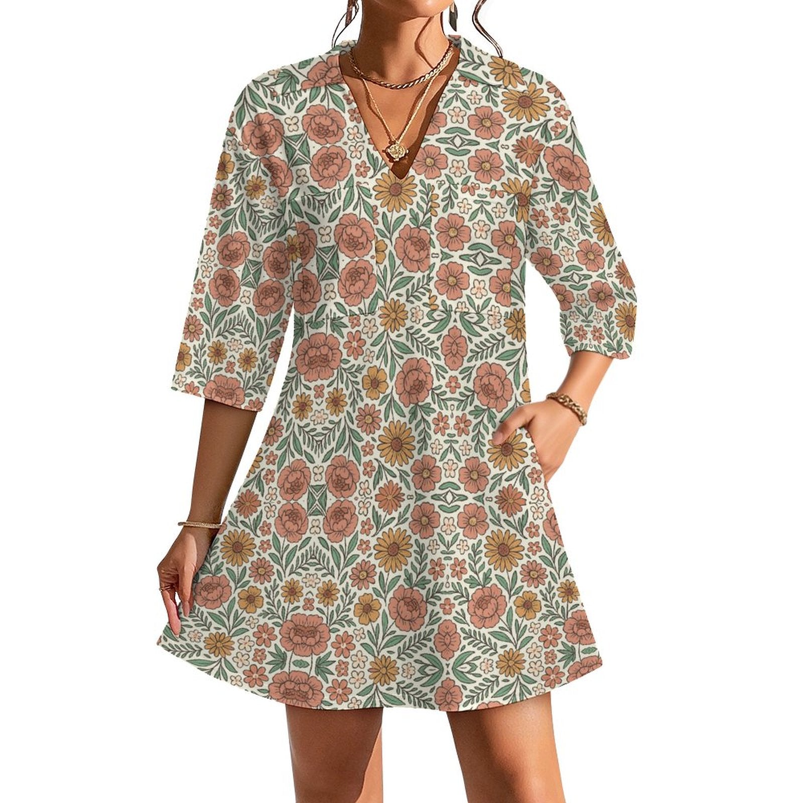 180gsm V-neck Dress for Women(All-Over Printing)