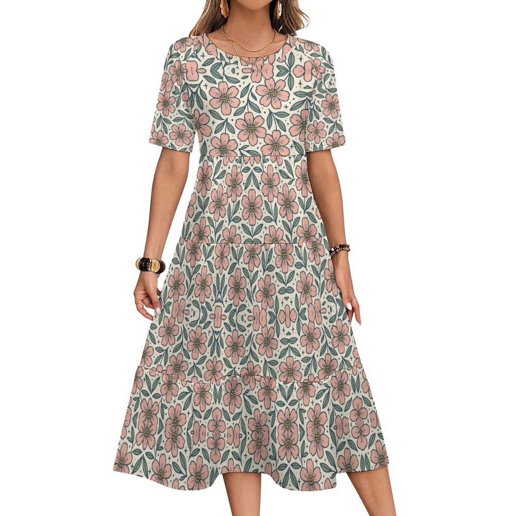 230gsm Wide Round Neck 3/4 Sleeve Long Dress(All-Over Printing)