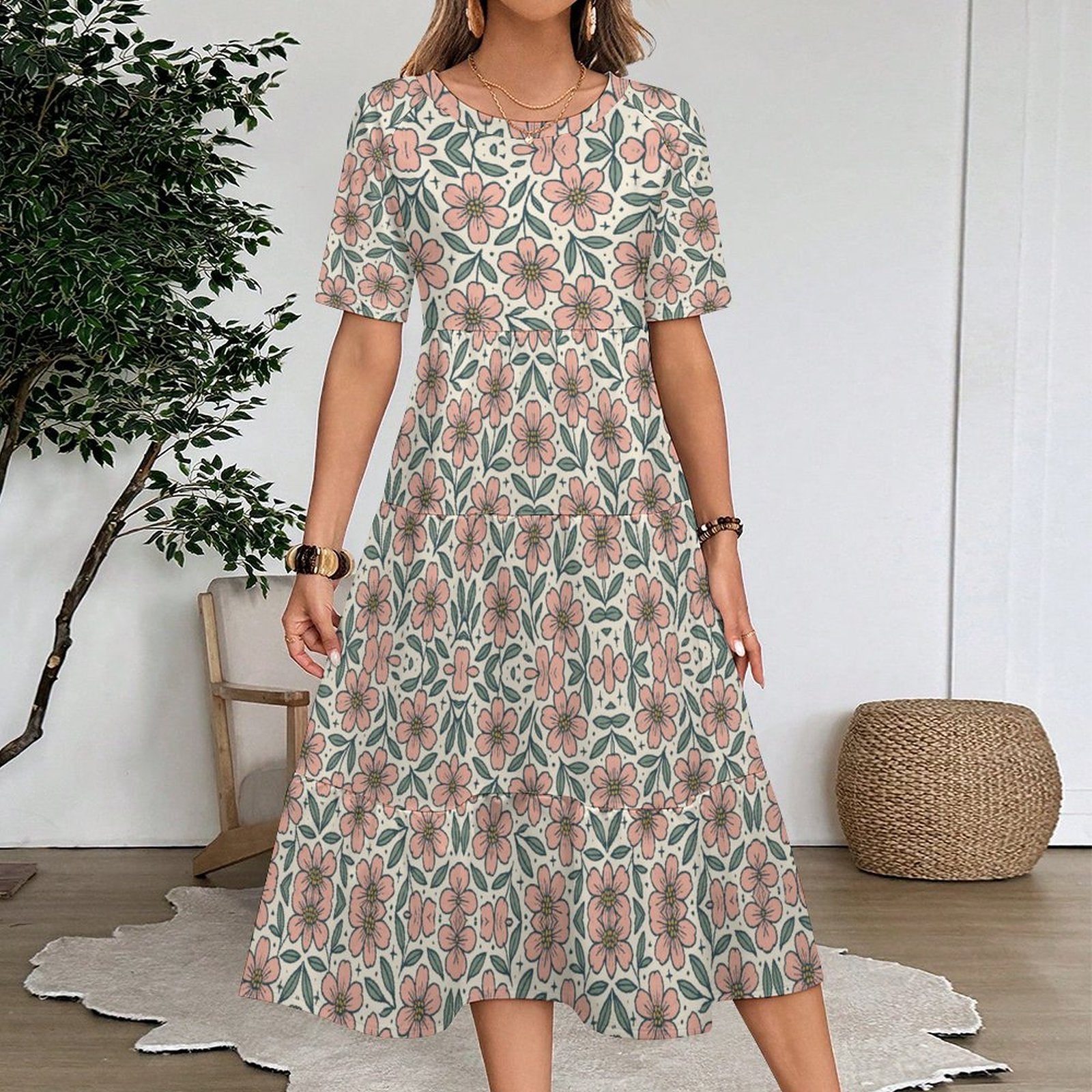 230gsm Wide Round Neck 3/4 Sleeve Long Dress(All-Over Printing)