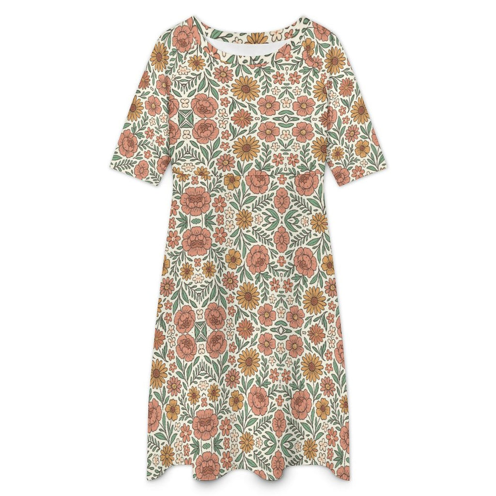 Round Neck 3/4 Sleeve Long Dress(All-Over Printing)